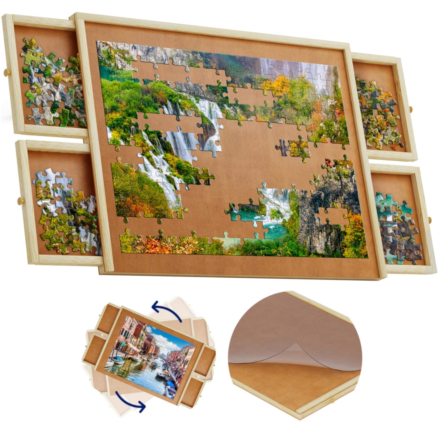 1500 Piece Wooden Jigsaw Puzzle Table - 4 Drawers, Rotating Puzzle Board | 35” X 28” Jigsaw Puzzle Board | Puzzle Cover Included - Portable Puzzle Tables for Adults and Kids by Beyond Innoventions
